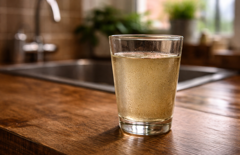 Glass of poor quality private water supply with colour issues in Cumbria home