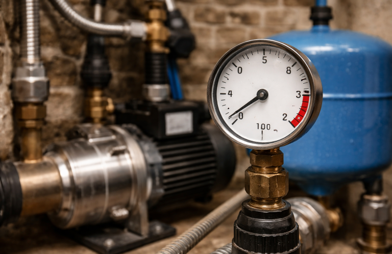 Private water supply pump system with pressure gauge at zero in Cumbria property