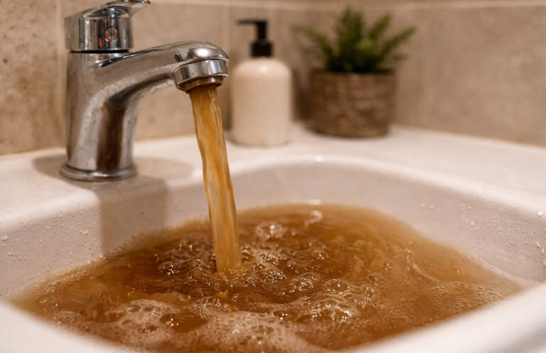 Discoloured brown water from private water supply system in Cumbria kitchen tap