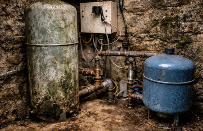 Old private water supply system with ageing tanks and pipework in Cumbria property
