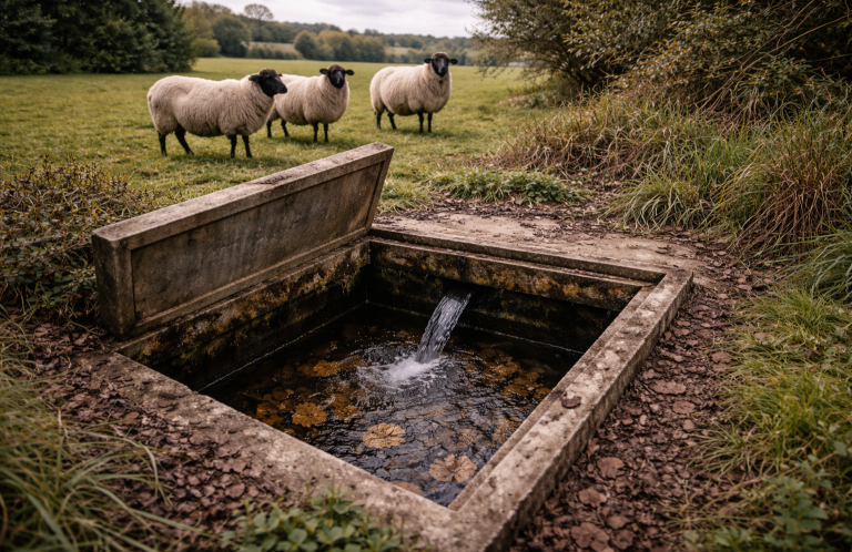 Open spring water collection chamber in Cumbria field with sheep nearby showing contamination risk