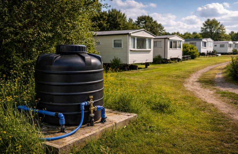 Black plastic water storage tank serving holiday park private water supply in Cumbria